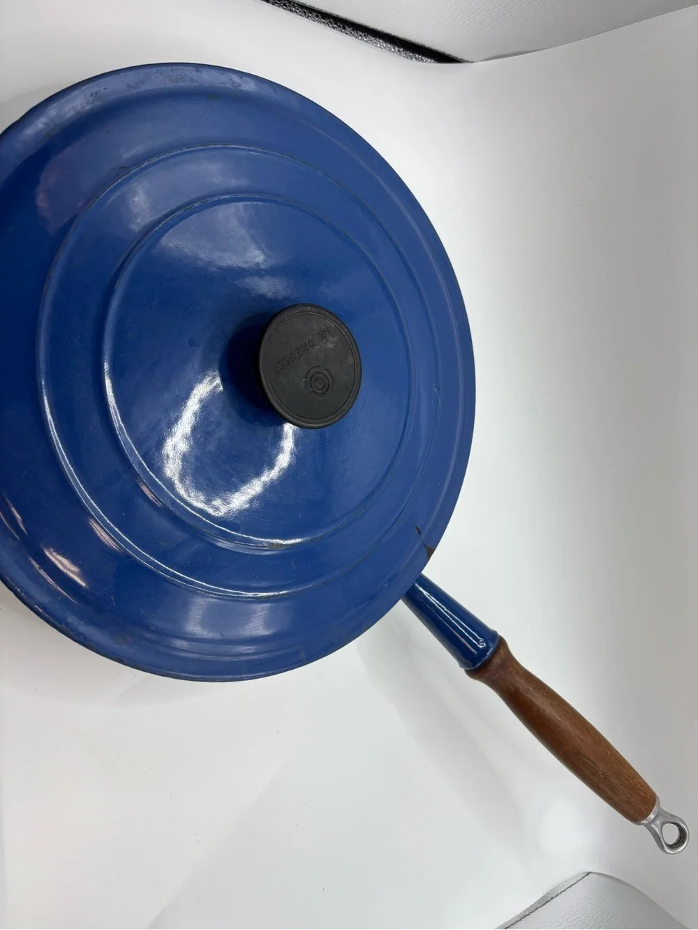 Le CREUSET #23 France Blue Enamel Cast Iron Skillet Pan Wood Handle Rare W Lid